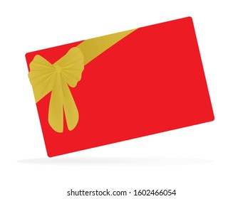 Red gift card with  golden bow. vector illustration