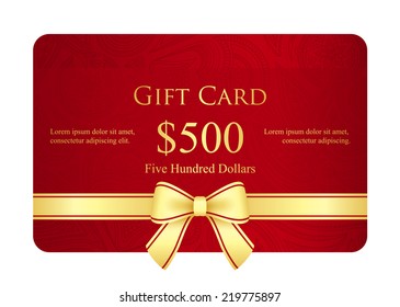 Red gift card with golden ribbon and vintage floral pattern