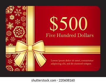 Red gift card with golden snowflakes and ribbon