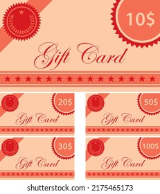 Red gift cards with different amounts. Vector template. Flat design set.