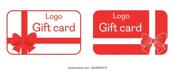 Red Gift Cards with Ribbons and Text Design Elements. Illustration of two red gift cards featuring ribbon decorations, logo placeholders, and text layouts, perfect for promotions and gifting concepts.