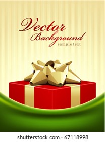 Red gift with gold bow Christmas vector background