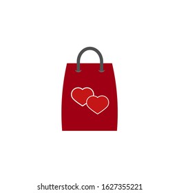 Red Gift Pack with hearts icon, flat design. Valentine s Day concept. Isolated on white background. Vector illustration, clip art