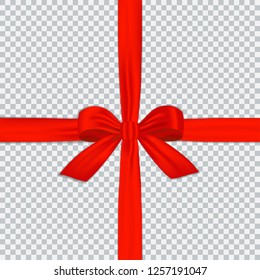 Red gift ribbon with bow isolated on transparent background. Vector decoration element for your design.