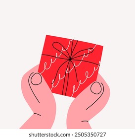 Red gift with ribbon in hands on light background, top view, drawing, hand drawn illustration