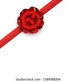 Red gift ribbon with round rosette bow placed on corner, realistic vector illustration isolated on white background. Present boxes or greeting cards textile decor.