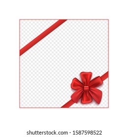 Red gift ribbon tied to rosette bow and placed on corner, realistic vector illustration isolated on transparent background. Present boxes or greeting cards holiday decor.