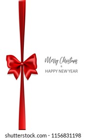 Red gift silk bow vertical banner. Christmas season holidays background. Realistic 3d satin ribbon isolated white. Holiday sale party greeting invitation.