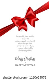 Red gift silk bow vertical banner. Christmas season holidays background. Realistic 3d satin ribbon isolated white. Holiday sale party greeting invitation.