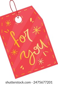 Red gift tag yellow handwritten joyful lettering You. Pink label isolated white background package presents. Festive tag joyous message, giftgiving celebration decoration favor