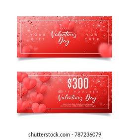 Red Gift Vocher for Happy Valentine's Day. Design of Coupon Usable for Invitation and Ticket. Greeting Card with Seasonal Offer. Background with Realistic Air Balloons. Vector Illustration with Confet