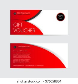 Red Gift voucher template with black elements. Vector illustration. Unusual design of card usable for gift coupon, invitation, certificate, diploma, ticket etc.