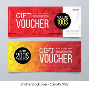Red gift voucher template design and polygonal background.