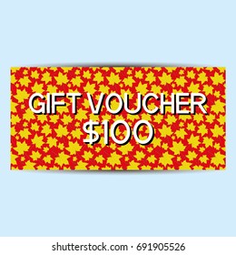 Red gift voucher with yellow maple leaves.