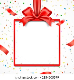 Roter Geschenkbox Rahmen mit Satinband und explodiertem Konfetti, Geschenkkarte Vektordesign.