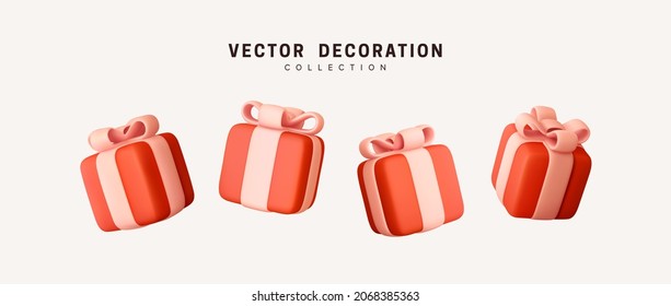 Red Gifts box. Set of realistic 3d decorative objects in cartoon style. Holiday decoration presents. Festive gift surprise. Decor Isolated boxes. Vector illustration