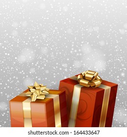 red gifts on the falling snow background