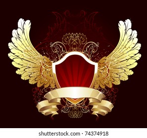 red gilded shield decorated with gold feathered wings and a flexible golden ribbon