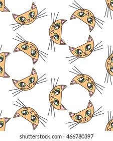 Red ginger Cat face, seamless pattern, print fabric, wallpaper, background, hand drawing, cartoon, cheerful ornament, vector EPS 8