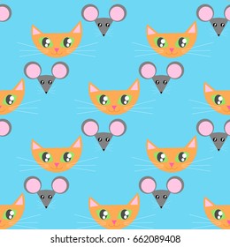 Red ginger cat and mouse, funny seamless pattern. Bright print for kids clothing, wallpaper, wrapping paper, textile. East European mid-century graphic style. Hand drawing, cartoon, vector EPS 8