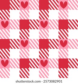 Red Gingham with red heart. Vector.