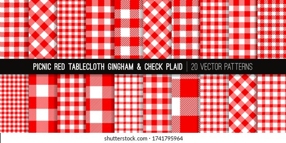 Red Gingham and Tartan Check Plaid Vector Patterns. Picnic Tablecloth Textures. Food Packaging, Take Out Meal Delivery Menu Backgrounds. Pattern Tile Swatches Included.