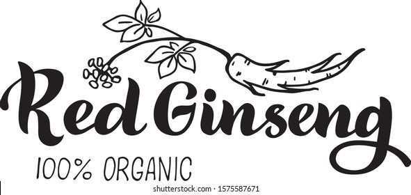 Red  ginseng organic - Vector text, logo for your products, shop, business cards, flyers, prints and banners. Vector illustration isolated on white background. 