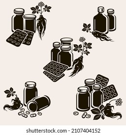 Red ginseng set. Collection icon red ginseng. Vector