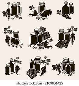 Red ginseng set. Collection icon red ginseng. Vector
