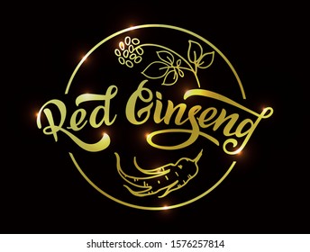 Red  ginseng - Vector text, logo for your products, shop, business cards, flyers, prints and banners. Gold Vector illustration isolated on black background. 