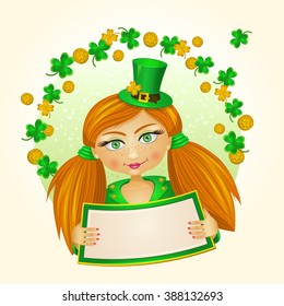 Red girl dressed like leprechaun holding a banner in her hands with clover leafs and coins over her head