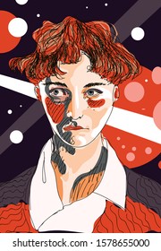 Red girl line illustration in abstract background