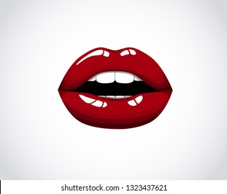 Red Girl Lips. Woman Sexy Red Mouth. Female Chic Velvet Kiss With Lipstick, Gloss.Valentines, Mothers Day Logo.