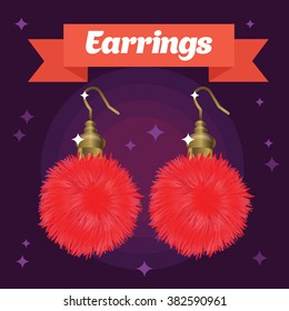 Red and girlish fur earrings on colored background