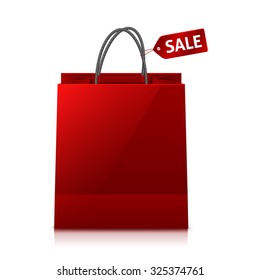 Red glance vector shopping bag with sale tag