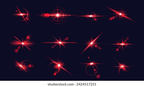 Red glare stars explosion realistic vector illustration set. Shining light flashes at darkness. Bursting spark 3d elements on dark background