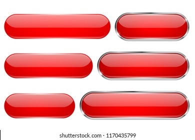 Red Glass 3d Buttons. Oval Icons Set. Vector Illustration Isolated On White Background