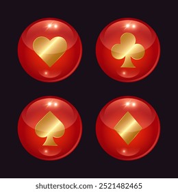 Red glass balls with gold playing card suits. Casino clipart.