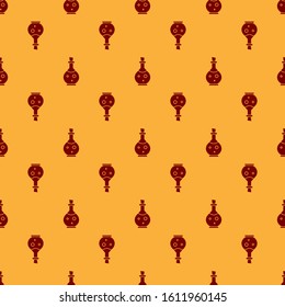 Red Glass bottle with magic elixir icon isolated seamless pattern on brown background. Computer game asset.  Vector Illustration