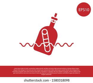 Red Glass bottle with a message in water icon isolated on white background. Letter in the bottle. Pirates symbol.  Vector Illustration