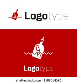 Red Glass bottle with a message in water icon isolated on white background. Letter in the bottle. Pirates symbol. Logo design template element. Vector Illustration
