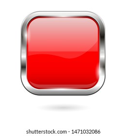 Red glass button. 3d shiny square icon. Vector illustration isolated on white background