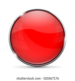 Red glass button with chrome frame. Vector illustration isolated on white background