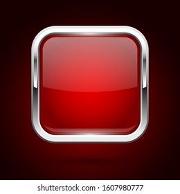 Red glass button with metal frame. Square icon on dark background. Vector 3d illustration