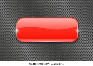 Red glass button on metal perforated background. Vector 3d illustration