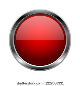 Red glass button. Round 3d shiny icon with metal frame. Vector illustration isolated on white background