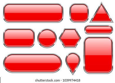 Red glass buttons with chrome frame. Geometric shaped 3d icons set. Vector ilustration isolated on white background