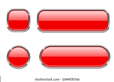 Red glass buttons with chrome frame. Set of blank shiny 3d web icons. Vector illustration isolated on white background