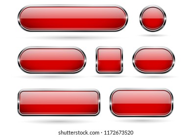 Red glass buttons with chrome frame. 3d icons. Vector illustration isolated on white background