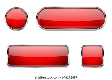 Red glass buttons with chrome frame. Vector 3d illustration isolated on white background